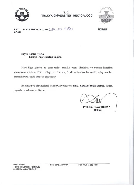 REKTÖR DURAN DAN GAZETEMİZE KUTLAMA MESAJI